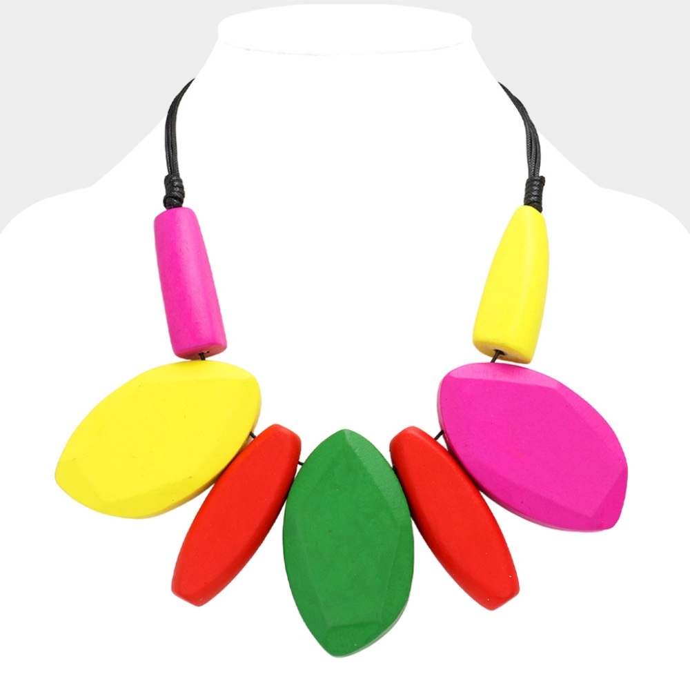 Colorful Abstract Wooden Beaded Statement Necklace Chain Chunky Jewelry